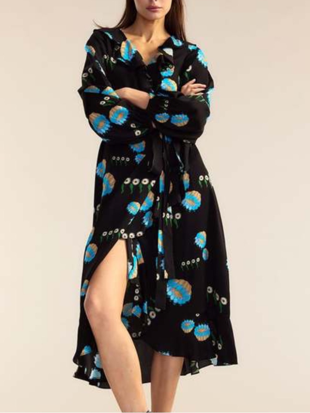 Cynthia Rowley Eve Black Floral Print Wrap Dress W Ruffle Trim Size Medium - Picture 5 of 13